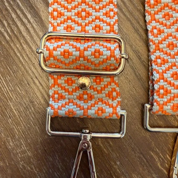 Pom Pom London Orange and Tan Geometric Pattern Bag Strap - Picture 2 of 3